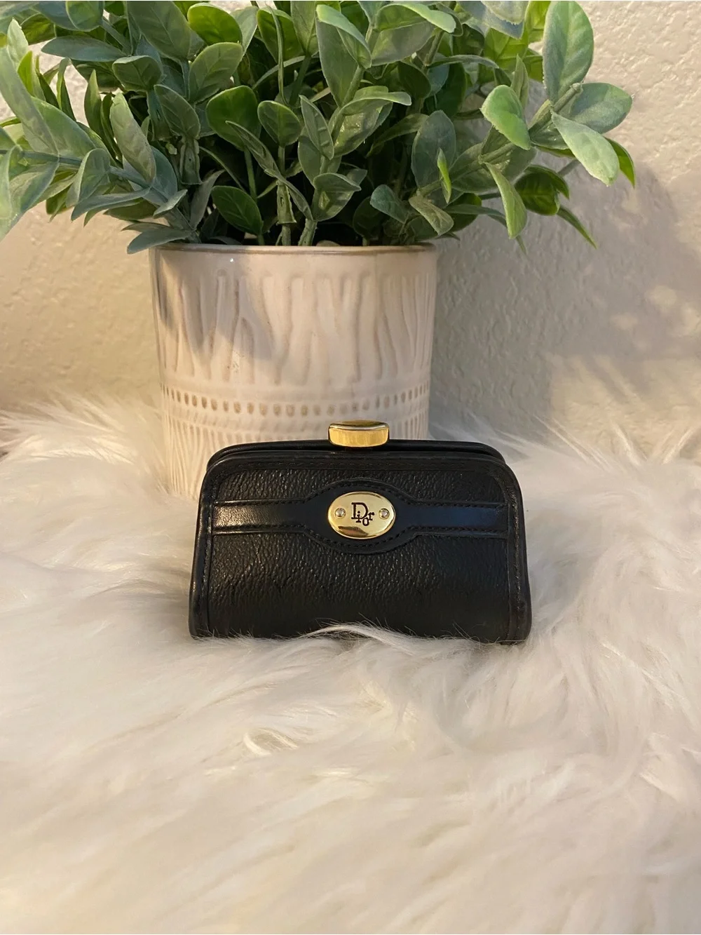 Dior Black Leather Coin Purse with Gold-Tone Logo Vintage beauty!